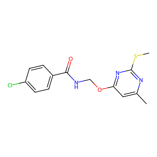 4-chloro-N-(((6-methyl-2-(methylthio)pyrimidin-4-yl)oxy)methyl)benzamide structure