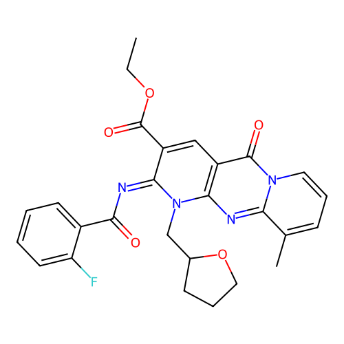 (Z)-ethyl 2-((2-fluorobenzoyl)imino)-10-methyl-5-oxo-1-((tetrahydrofuran-2-yl)methyl)-2,5-dihydro-1H-dipyrido[1,2-a:2',3'-d]pyrimidine-3-carboxylate structure