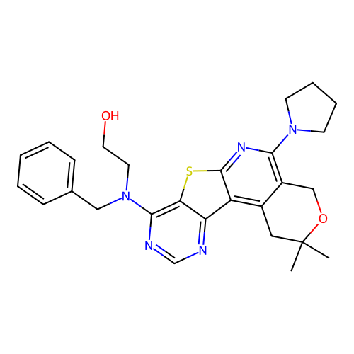 2-(benzyl(2,2-dimethyl-5-(pyrrolidin-1-yl)-2,4-dihydro-1H-pyrano[4'',3'':4',5']pyrido[3',2':4,5]thieno[3,2-d]pyrimidin-8-yl)amino)ethanol structure