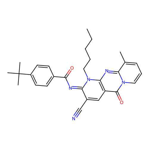 (E)-4-(tert-butyl)-N-(3-cyano-10-methyl-5-oxo-1-pentyl-1H-dipyrido[1,2-a:2',3'-d]pyrimidin-2(5H)-ylidene)benzamide structure