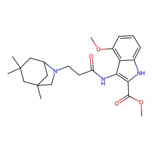 methyl 4-methoxy-3-(3-(1,3,3-trimethyl-6-azabicyclo[3.2.1]octan-6-yl)propanamido)-1H-indole-2-carboxylate structure