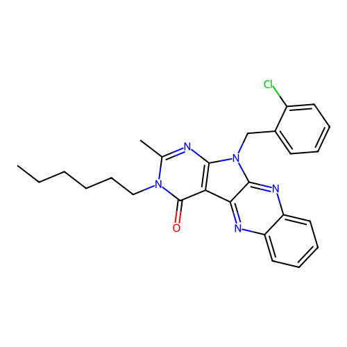 11-(2-chlorobenzyl)-3-hexyl-2-methyl-3,11-dihydro-4H-pyrimido[5',4':4,5]pyrrolo[2,3-b]quinoxalin-4-one structure