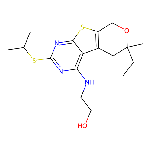 2-((6-ethyl-2-(isopropylthio)-6-methyl-6,8-dihydro-5H-pyrano[4',3':4,5]thieno[2,3-d]pyrimidin-4-yl)amino)ethanol structure