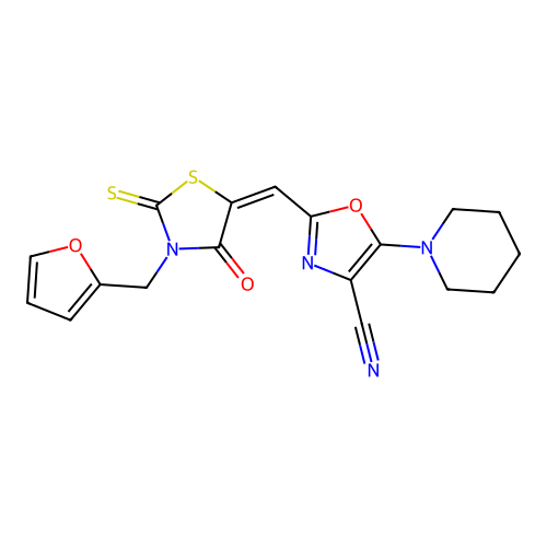 (E)-2-((3-(furan-2-ylmethyl)-4-oxo-2-thioxothiazolidin-5-ylidene)methyl)-5-(piperidin-1-yl)oxazole-4-carbonitrile structure