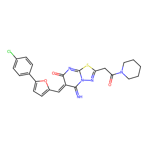 (6Z)-6-[[5-(4-chlorophenyl)furan-2-yl]methylidene]-5-imino-2-(2-oxo-2-piperidin-1-ylethyl)-[1,3,4]thiadiazolo[3,2-a]pyrimidin-7-one structure