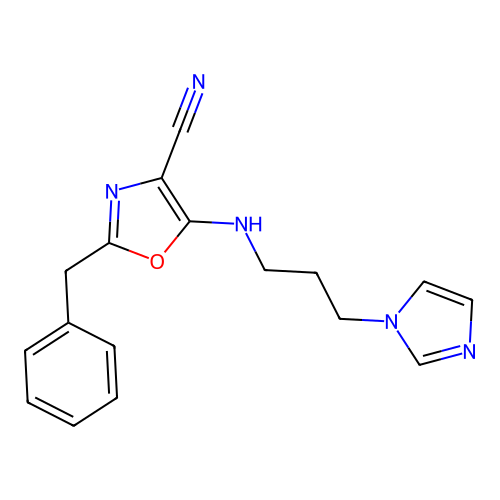 2-benzyl-5-{[3-(1H-imidazol-1-yl)propyl]amino}-1,3-oxazole-4-carbonitrile structure