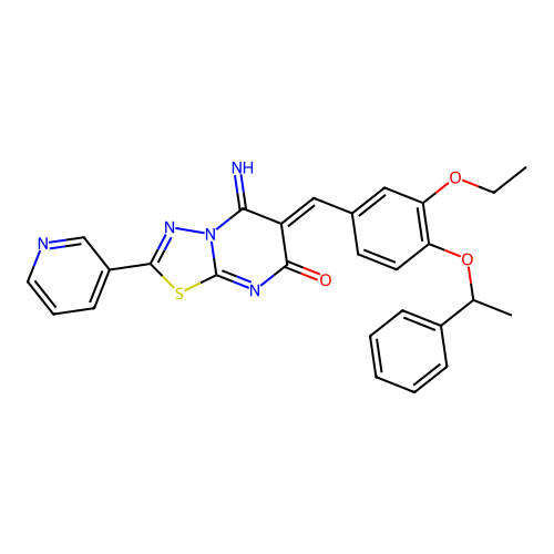 (6Z)-6-[[3-ethoxy-4-(1-phenylethoxy)phenyl]methylidene]-5-imino-2-pyridin-3-yl-[1,3,4]thiadiazolo[3,2-a]pyrimidin-7-one structure
