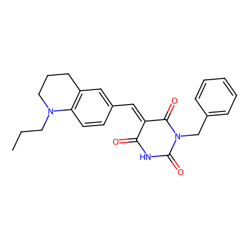 (5E)-1-benzyl-5-[(1-propyl-3,4-dihydro-2H-quinolin-6-yl)methylidene]-1,3-diazinane-2,4,6-trione structure