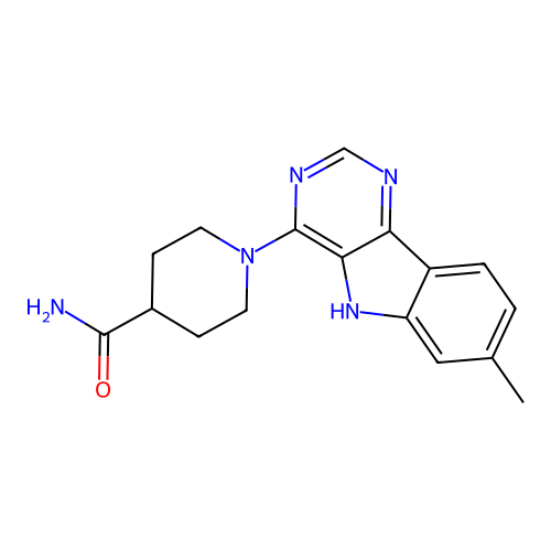1-(7-methyl-5H-pyrimido[5,4-b]indol-4-yl)piperidine-4-carboxamide structure