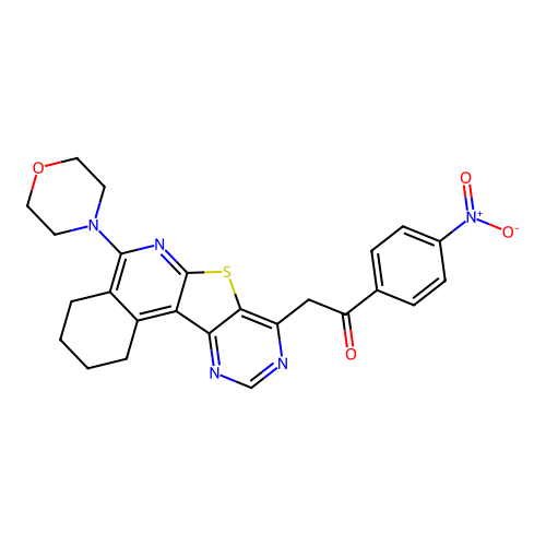 2-(5-morpholino-1,2,3,4-tetrahydropyrimido[4',5':4,5]thieno[2,3-c]isoquinolin-8-yl)-1-(4-nitrophenyl)ethanone structure