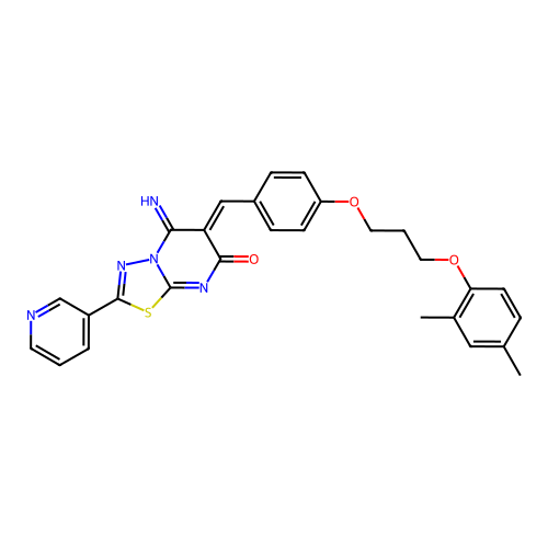 (6Z)-6-[[4-[3-(2,4-dimethylphenoxy)propoxy]phenyl]methylidene]-5-imino-2-pyridin-3-yl-[1,3,4]thiadiazolo[3,2-a]pyrimidin-7-one structure