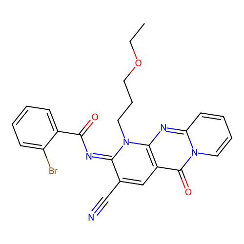 (E)-2-bromo-N-(3-cyano-1-(3-ethoxypropyl)-5-oxo-1H-dipyrido[1,2-a:2',3'-d]pyrimidin-2(5H)-ylidene)benzamide structure