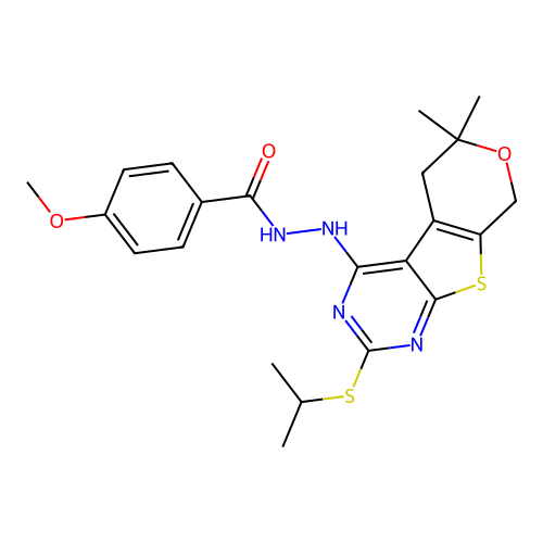 N'-(2-(isopropylthio)-6,6-dimethyl-6,8-dihydro-5H-pyrano[4',3':4,5]thieno[2,3-d]pyrimidin-4-yl)-4-methoxybenzohydrazide structure