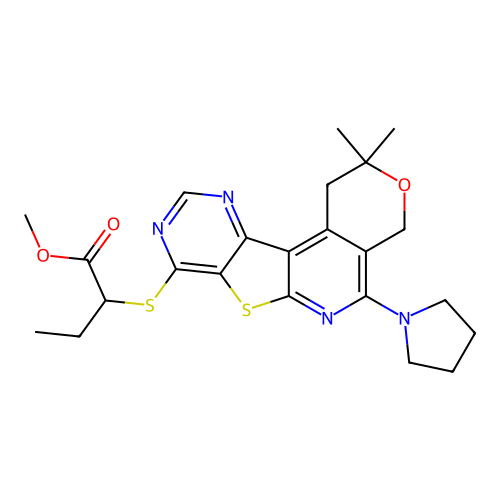 methyl 2-((2,2-dimethyl-5-(pyrrolidin-1-yl)-2,4-dihydro-1H-pyrano[4'',3'':4',5']pyrido[3',2':4,5]thieno[3,2-d]pyrimidin-8-yl)thio)butanoate structure
