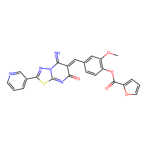 (Z)-4-((5-imino-7-oxo-2-(pyridin-3-yl)-5H-[1,3,4]thiadiazolo[3,2-a]pyrimidin-6(7H)-ylidene)methyl)-2-methoxyphenyl furan-2-carboxylate structure