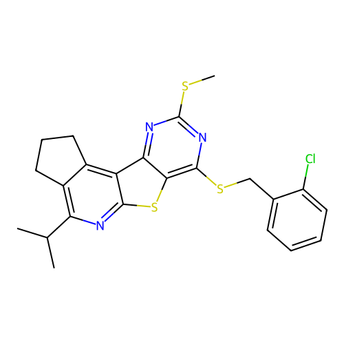 7-((2-chlorobenzyl)thio)-4-isopropyl-9-(methylthio)-2,3-dihydro-1H-cyclopenta[4',5']pyrido[3',2':4,5]thieno[3,2-d]pyrimidine structure