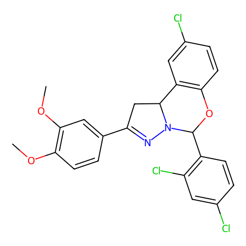 9-chloro-5-(2,4-dichlorophenyl)-2-(3,4-dimethoxyphenyl)-1,10b-dihydropyrazolo[1,5-c][1,3]benzoxazine structure