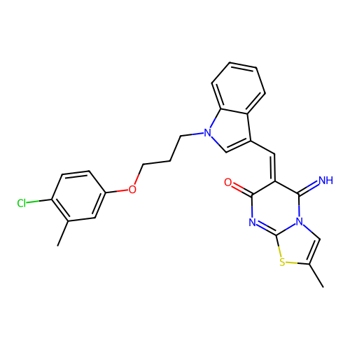 (6Z)-6-({1-[3-(4-chloro-3-methylphenoxy)propyl]-1H-indol-3-yl}methylidene)-5-imino-2-methyl-5,6-dihydro-7H-[1,3]thiazolo[3,2-a]pyrimidin-7-one structure