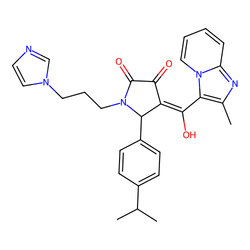 (4E)-4-[hydroxy-(2-methylimidazo[1,2-a]pyridin-3-yl)methylidene]-1-(3-imidazol-1-ylpropyl)-5-(4-propan-2-ylphenyl)pyrrolidine-2,3-dione structure