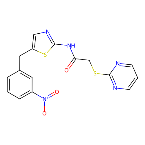 N-[5-(3-nitrobenzyl)-1,3-thiazol-2-yl]-2-(pyrimidin-2-ylsulfanyl)acetamide structure