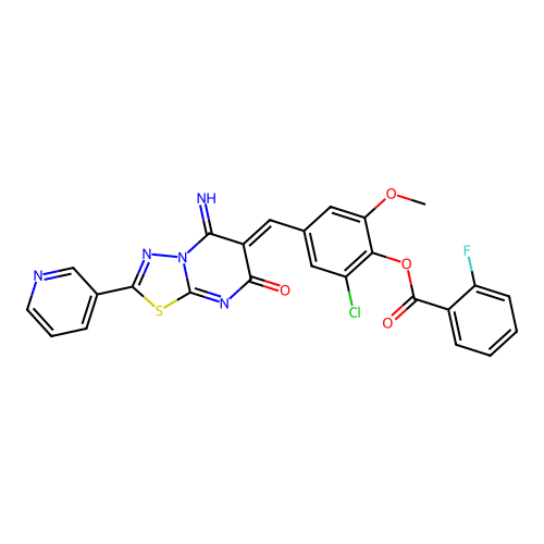 (Z)-2-chloro-4-((5-imino-7-oxo-2-(pyridin-3-yl)-5H-[1,3,4]thiadiazolo[3,2-a]pyrimidin-6(7H)-ylidene)methyl)-6-methoxyphenyl 2-fluorobenzoate structure