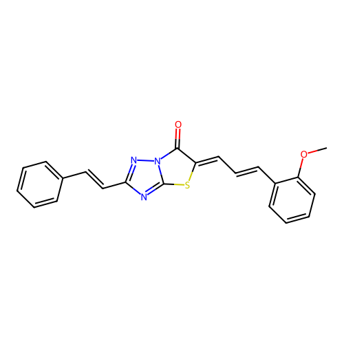 (5Z)-5-[(2E)-3-(2-methoxyphenyl)prop-2-en-1-ylidene]-2-[(E)-2-phenylethenyl][1,3]thiazolo[3,2-b][1,2,4]triazol-6(5H)-one structure