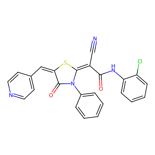 (E)-N-(2-chlorophenyl)-2-cyano-2-((E)-4-oxo-3-phenyl-5-(pyridin-4-ylmethylene)thiazolidin-2-ylidene)acetamide structure