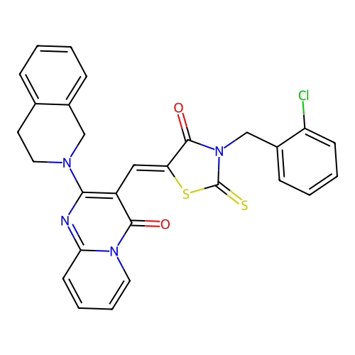 3-{(Z)-[3-(2-chlorobenzyl)-4-oxo-2-thioxo-1,3-thiazolidin-5-ylidene]methyl}-2-(3,4-dihydroisoquinolin-2(1H)-yl)-4H-pyrido[1,2-a]pyrimidin-4-one structure