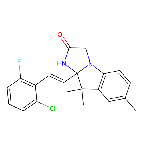(E)-9a-(2-chloro-6-fluorostyryl)-7,9,9-trimethyl-9,9a-dihydro-1H-imidazo[1,2-a]indol-2(3H)-one structure