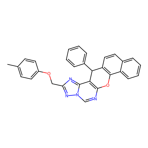 2-[(4-methylphenoxy)methyl]-14-phenyl-14H-benzo[7,8]chromeno[3,2-e][1,2,4]triazolo[1,5-c]pyrimidine structure