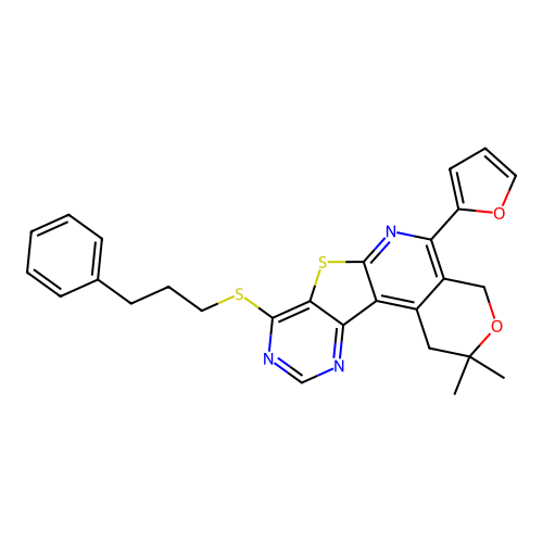 5-(furan-2-yl)-2,2-dimethyl-8-((3-phenylpropyl)thio)-2,4-dihydro-1H-pyrano[4'',3'':4',5']pyrido[3',2':4,5]thieno[3,2-d]pyrimidine structure