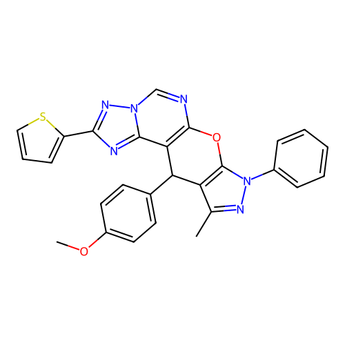 11-(4-methoxyphenyl)-10-methyl-8-phenyl-2-(thiophen-2-yl)-8,11-dihydropyrazolo[4',3':5,6]pyrano[3,2-e][1,2,4]triazolo[1,5-c]pyrimidine structure