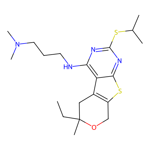 N'-[6-ethyl-6-methyl-2-(propan-2-ylsulfanyl)-5,8-dihydro-6H-pyrano[4',3':4,5]thieno[2,3-d]pyrimidin-4-yl]-N,N-dimethylpropane-1,3-diamine structure