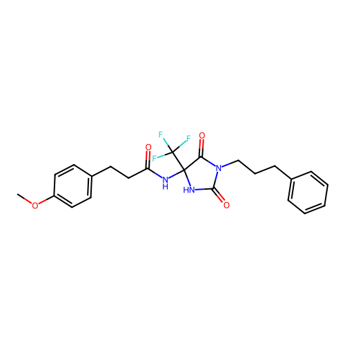 N-(2,5-dioxo-1-(3-phenylpropyl)-4-(trifluoromethyl)imidazolidin-4-yl)-3-(4-methoxyphenyl)propanamide structure