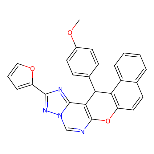2-(furan-2-yl)-14-(4-methoxyphenyl)-14H-benzo[5,6]chromeno[3,2-e][1,2,4]triazolo[1,5-c]pyrimidine structure
