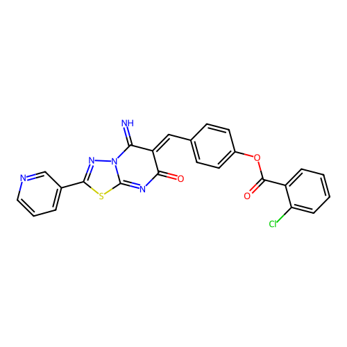 (Z)-4-((5-imino-7-oxo-2-(pyridin-3-yl)-5H-[1,3,4]thiadiazolo[3,2-a]pyrimidin-6(7H)-ylidene)methyl)phenyl 2-chlorobenzoate structure