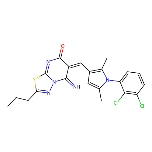 (6E)-6-[[1-(2,3-dichlorophenyl)-2,5-dimethylpyrrol-3-yl]methylidene]-5-imino-2-propyl-[1,3,4]thiadiazolo[3,2-a]pyrimidin-7-one structure