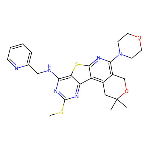 2,2-dimethyl-10-(methylsulfanyl)-5-(morpholin-4-yl)-N-(pyridin-2-ylmethyl)-1,4-dihydro-2H-pyrano[4'',3'':4',5']pyrido[3',2':4,5]thieno[3,2-d]pyrimidin-8-amine structure