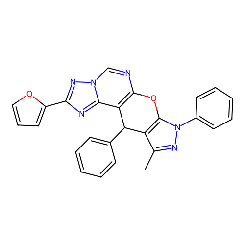 2-(furan-2-yl)-10-methyl-8,11-diphenyl-8,11-dihydropyrazolo[4',3':5,6]pyrano[3,2-e][1,2,4]triazolo[1,5-c]pyrimidine structure