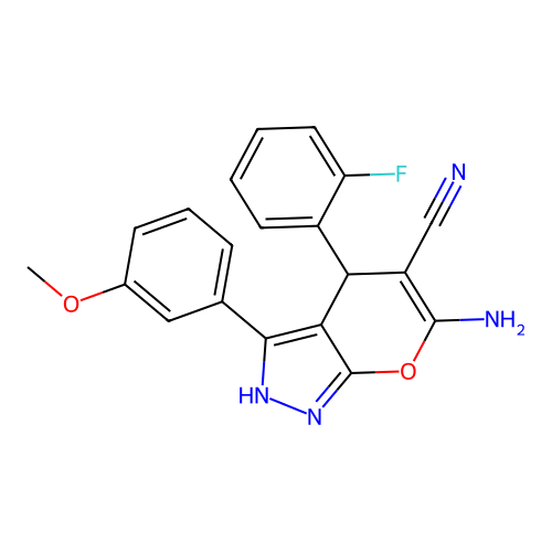 6-amino-4-(2-fluorophenyl)-3-(3-methoxyphenyl)-2,4-dihydropyrano[2,3-c]pyrazole-5-carbonitrile structure