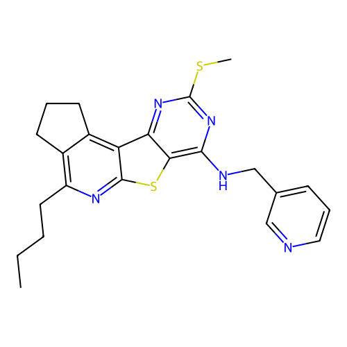4-butyl-9-(methylsulfanyl)-N-(pyridin-3-ylmethyl)-2,3-dihydro-1H-cyclopenta[4',5']pyrido[3',2':4,5]thieno[3,2-d]pyrimidin-7-amine structure