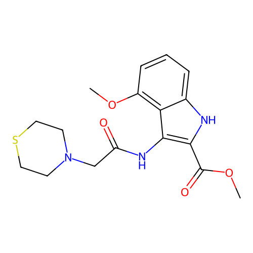 methyl 4-methoxy-3-[(thiomorpholin-4-ylacetyl)amino]-1H-indole-2-carboxylate structure