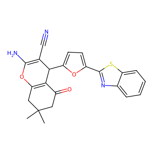 2-amino-4-[5-(1,3-benzothiazol-2-yl)furan-2-yl]-7,7-dimethyl-5-oxo-5,6,7,8-tetrahydro-4H-chromene-3-carbonitrile structure