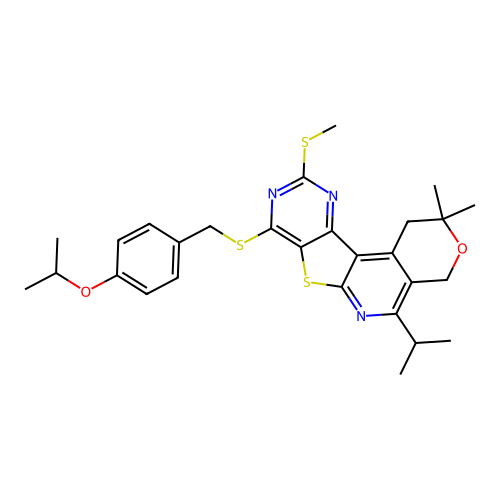 2,2-dimethyl-10-(methylsulfanyl)-5-(propan-2-yl)-8-{[4-(propan-2-yloxy)benzyl]sulfanyl}-1,4-dihydro-2H-pyrano[4'',3'':4',5']pyrido[3',2':4,5]thieno[3,2-d]pyrimidine structure