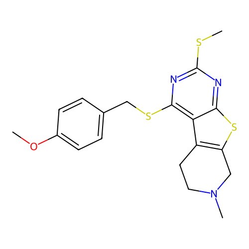 4-((4-methoxybenzyl)thio)-7-methyl-2-(methylthio)-5,6,7,8-tetrahydropyrido[4',3':4,5]thieno[2,3-d]pyrimidine structure
