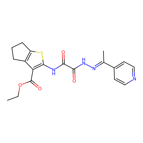 (E)-ethyl 2-(2-oxo-2-(2-(1-(pyridin-4-yl)ethylidene)hydrazinyl)acetamido)-5,6-dihydro-4H-cyclopenta[b]thiophene-3-carboxylate structure