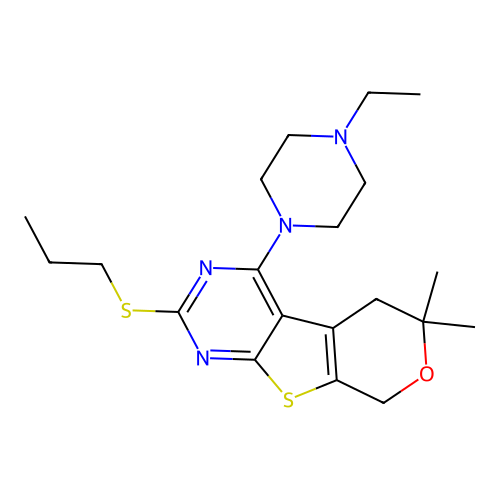 4-(4-ethylpiperazin-1-yl)-6,6-dimethyl-2-(propylsulfanyl)-5,8-dihydro-6H-pyrano[4',3':4,5]thieno[2,3-d]pyrimidine structure
