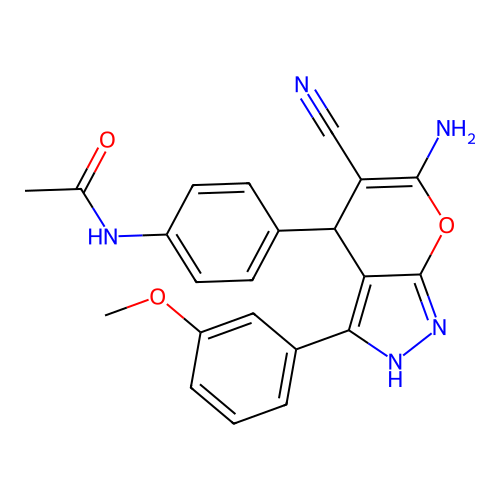 N-(4-(6-amino-5-cyano-3-(3-methoxyphenyl)-1,4-dihydropyrano[2,3-c]pyrazol-4-yl)phenyl)acetamide structure