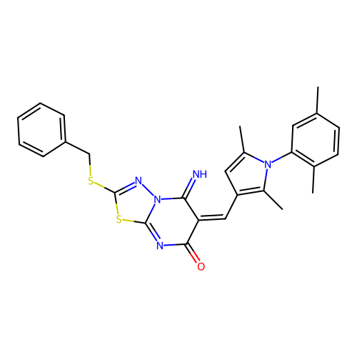 (E)-2-(benzylthio)-6-((1-(2,5-dimethylphenyl)-2,5-dimethyl-1H-pyrrol-3-yl)methylene)-5-imino-5H-[1,3,4]thiadiazolo[3,2-a]pyrimidin-7(6H)-one structure