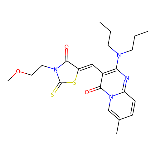 2-(dipropylamino)-3-{(Z)-[3-(2-methoxyethyl)-4-oxo-2-thioxo-1,3-thiazolidin-5-ylidene]methyl}-7-methyl-4H-pyrido[1,2-a]pyrimidin-4-one structure